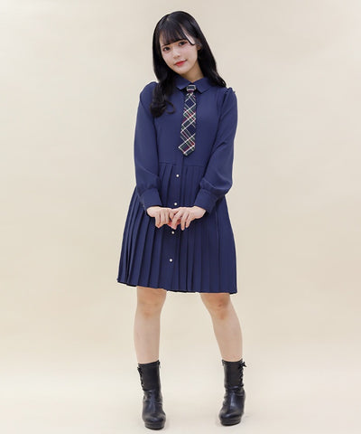 Pleated Shirt Dress with Necktie