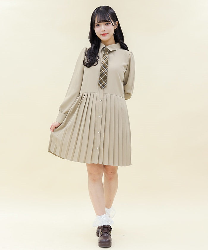 Pleated Shirt Dress with Necktie