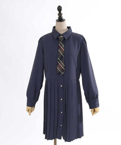 Pleated Shirt Dress with Necktie