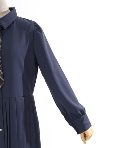 Pleated Shirt Dress with Necktie