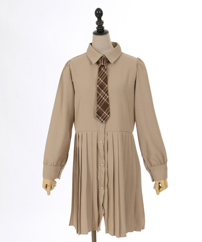 Pleated Shirt Dress with Necktie