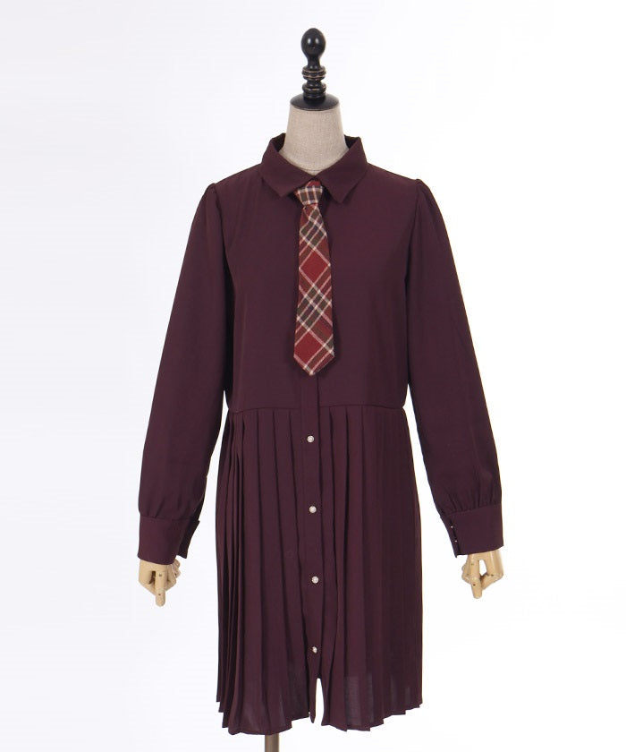 Pleated Shirt Dress with Necktie