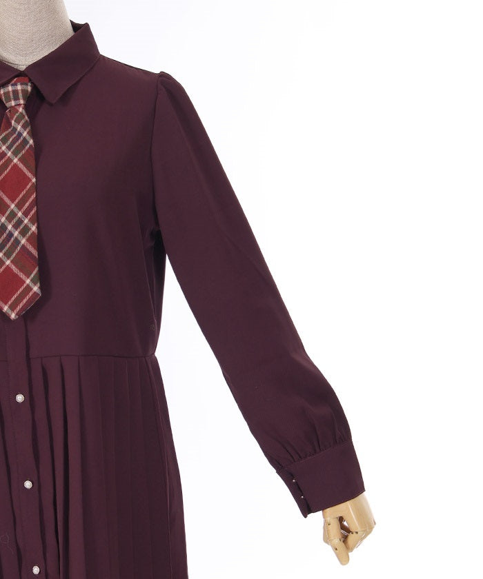 Pleated Shirt Dress with Necktie