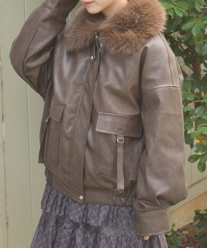 Synthetic Leather Blouson with Fur