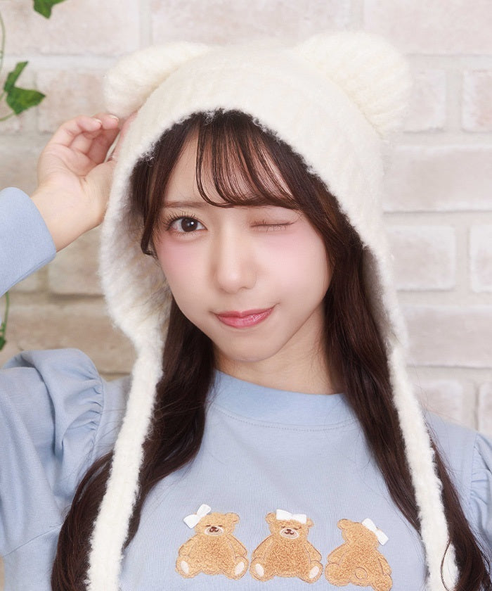 Bear Ears Knit Cap with Cords
