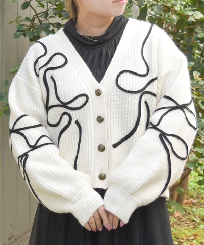 Ribbon Tape Style Embroidery Knit Cardigan