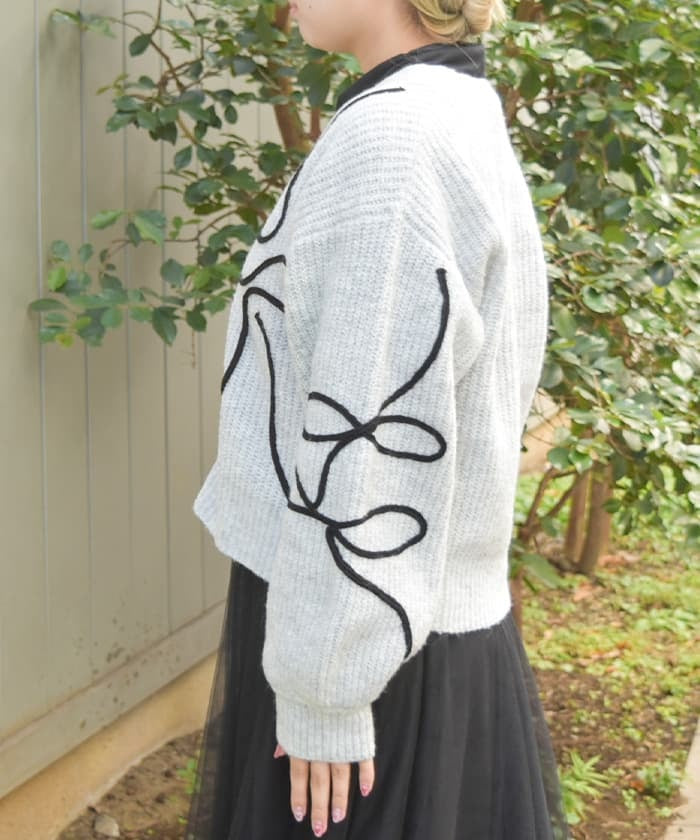 Ribbon Tape Style Embroidery Knit Cardigan