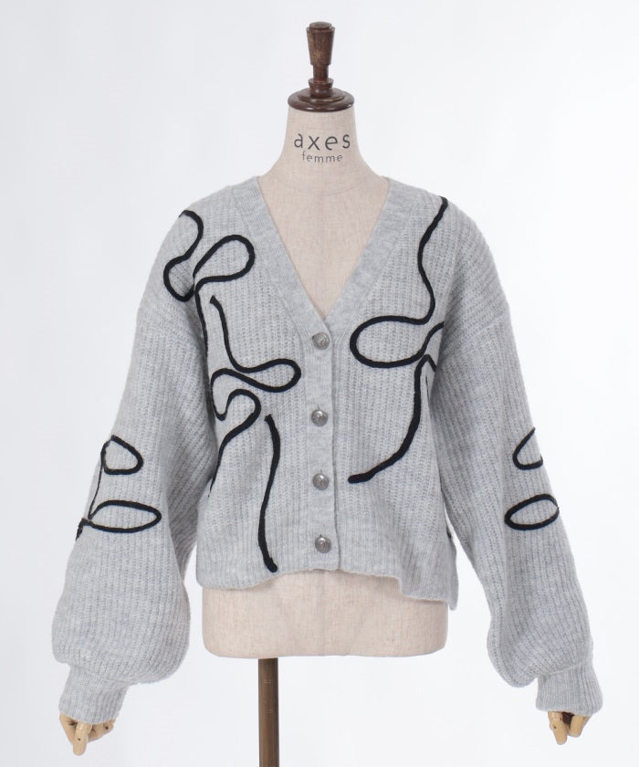 Ribbon Tape Style Embroidery Knit Cardigan