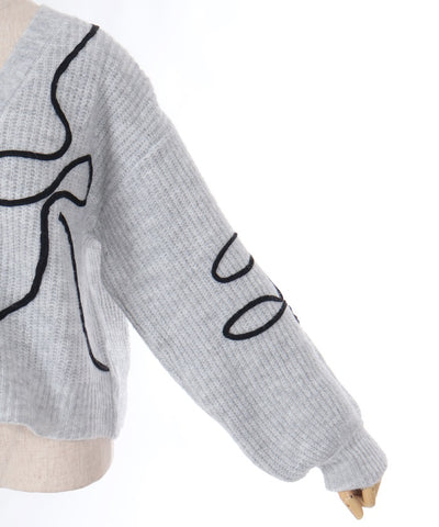 Ribbon Tape Style Embroidery Knit Cardigan