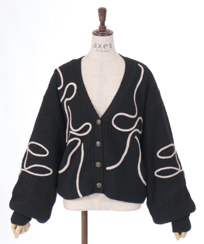 Ribbon Tape Style Embroidery Knit Cardigan