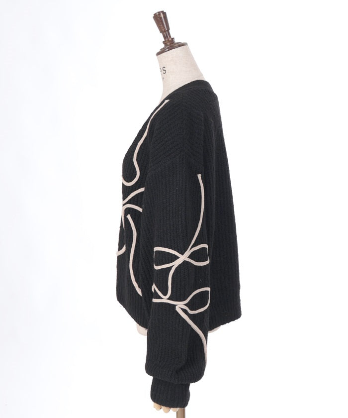 Ribbon Tape Style Embroidery Knit Cardigan