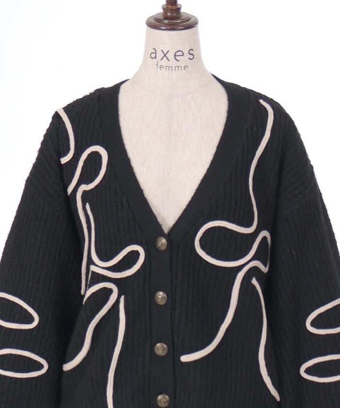 Ribbon Tape Style Embroidery Knit Cardigan