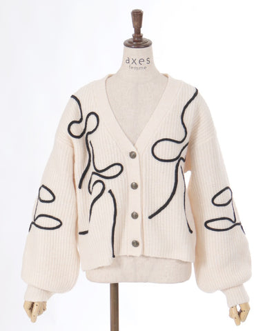 Ribbon Tape Style Embroidery Knit Cardigan