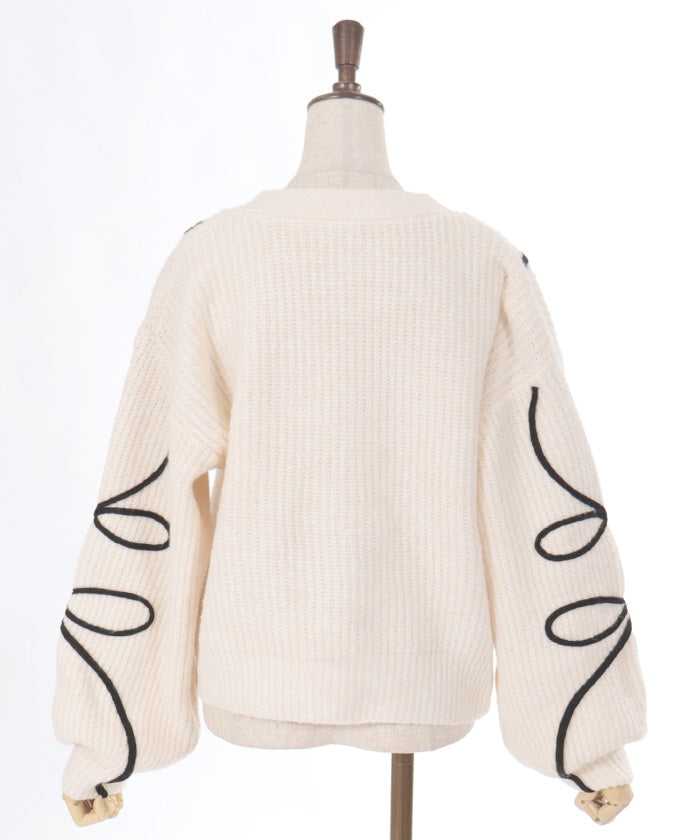 Ribbon Tape Style Embroidery Knit Cardigan