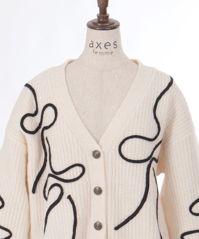 Ribbon Tape Style Embroidery Knit Cardigan