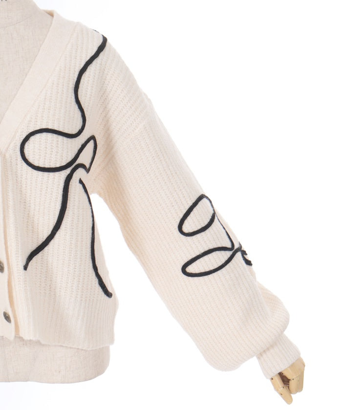 Ribbon Tape Style Embroidery Knit Cardigan