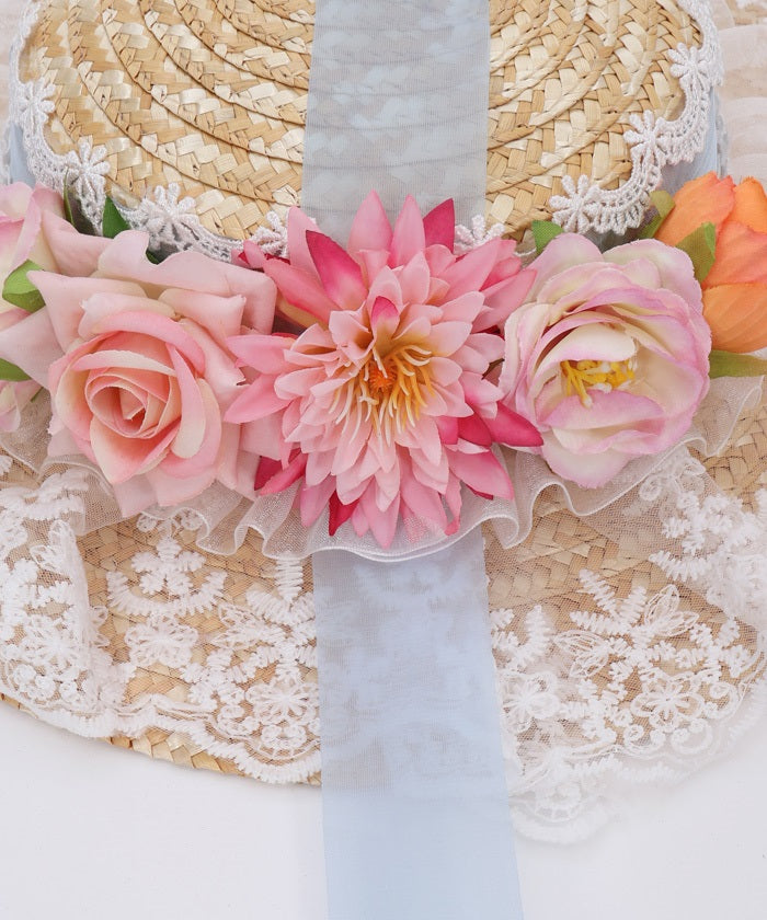 帽子 STRAW HAT WITH LACE RIBBON Blue Ribbon Summer Hat – axes femme from JAPAN