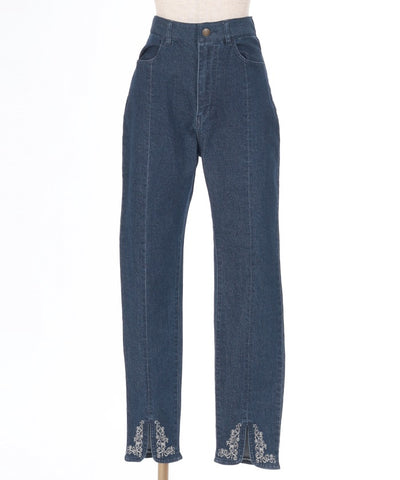 Embroidery Slit Fitted Denim Pants