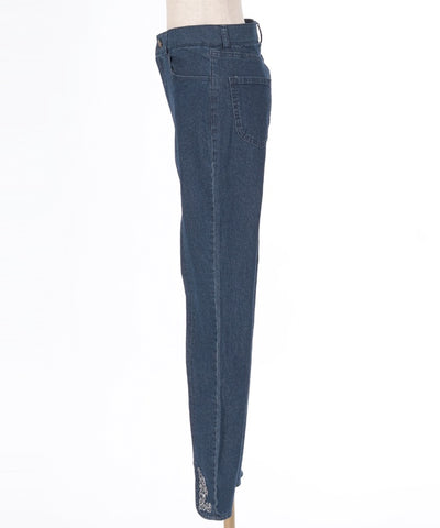 Embroidery Slit Fitted Denim Pants