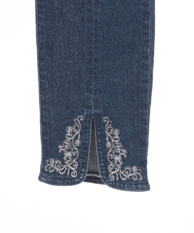 Embroidery Slit Fitted Denim Pants