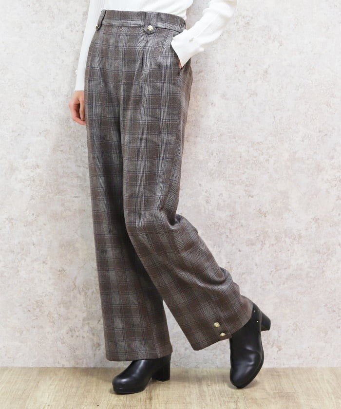 Hem Button Brushed Plaid Wide Pants