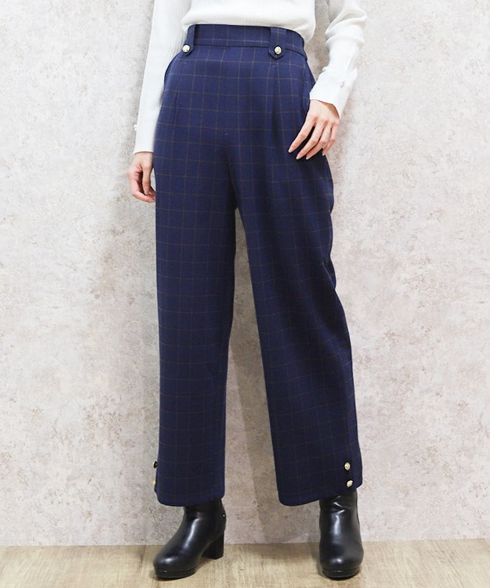 Hem Button Brushed Plaid Wide Pants