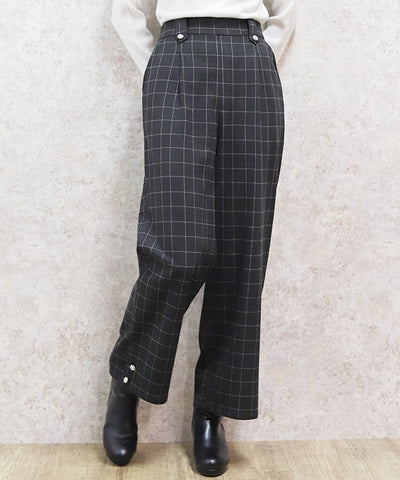 Hem Button Brushed Plaid Wide Pants