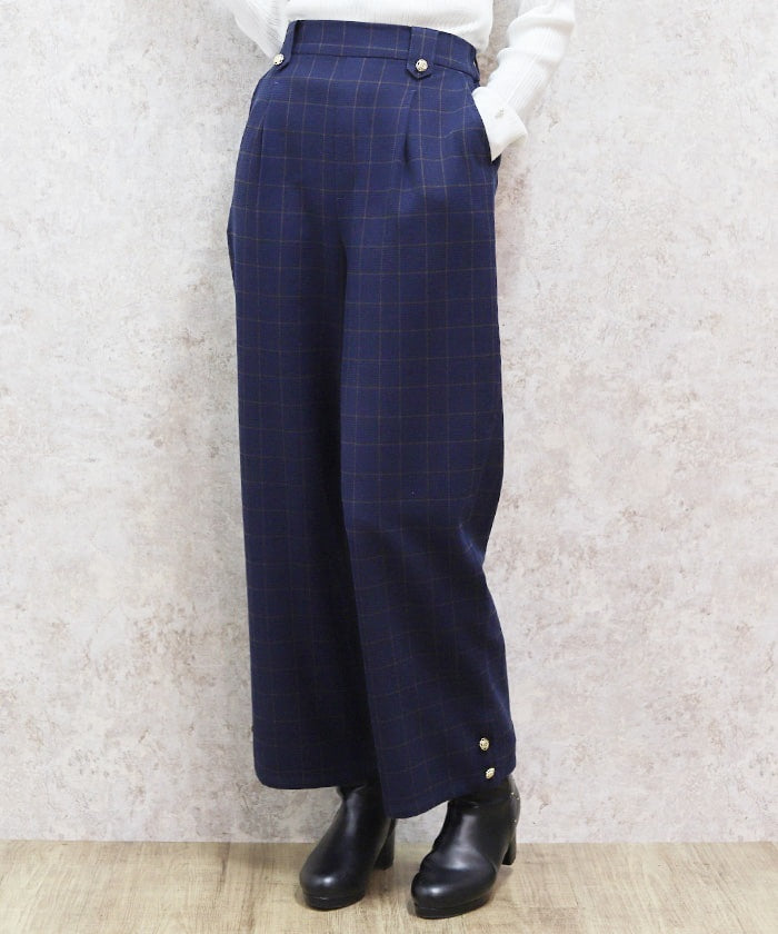 Hem Button Brushed Plaid Wide Pants