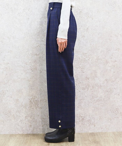 Hem Button Brushed Plaid Wide Pants