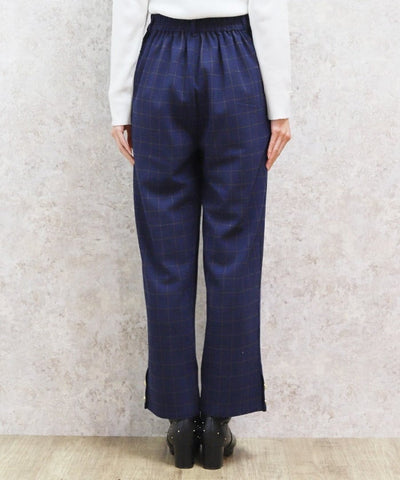 Hem Button Brushed Plaid Wide Pants