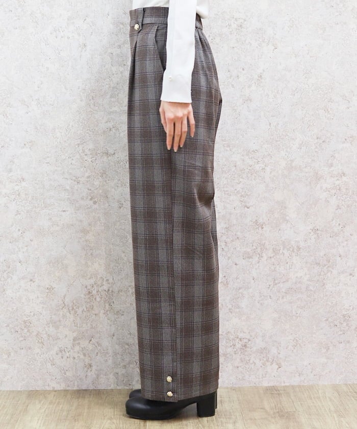 Hem Button Brushed Plaid Wide Pants