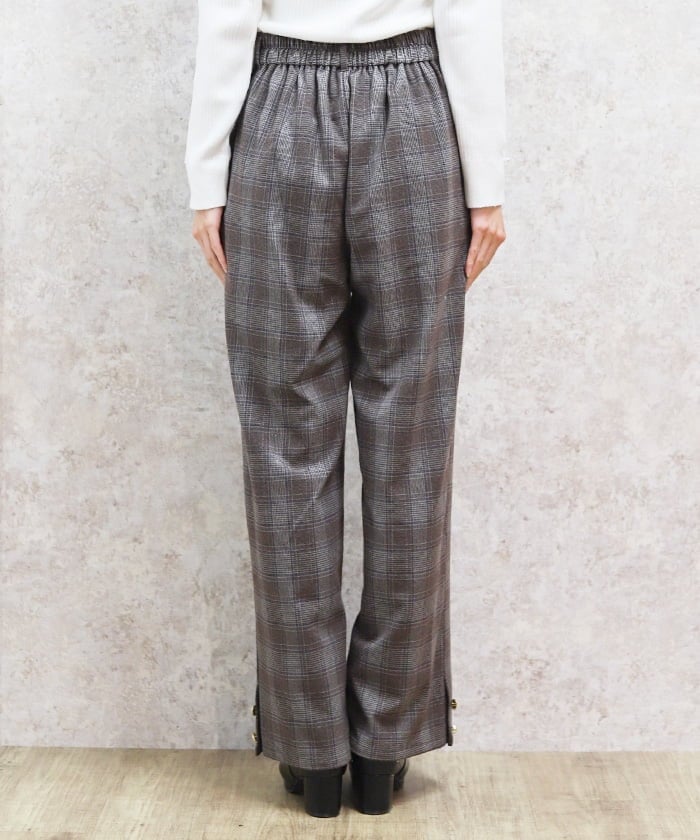 Hem Button Brushed Plaid Wide Pants