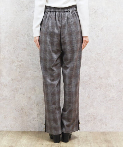 Hem Button Brushed Plaid Wide Pants