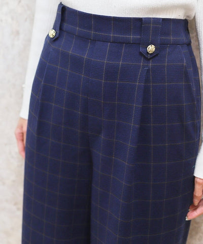 Hem Button Brushed Plaid Wide Pants