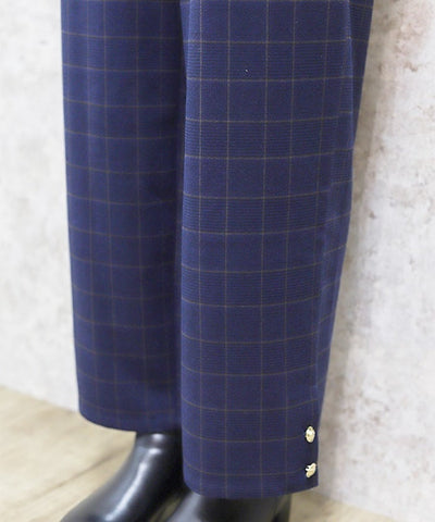 Hem Button Brushed Plaid Wide Pants