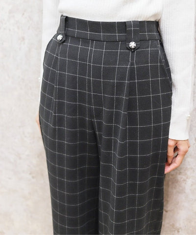 Hem Button Brushed Plaid Wide Pants