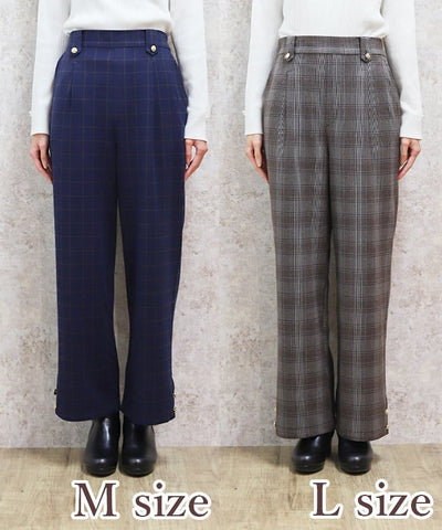 Hem Button Brushed Plaid Wide Pants