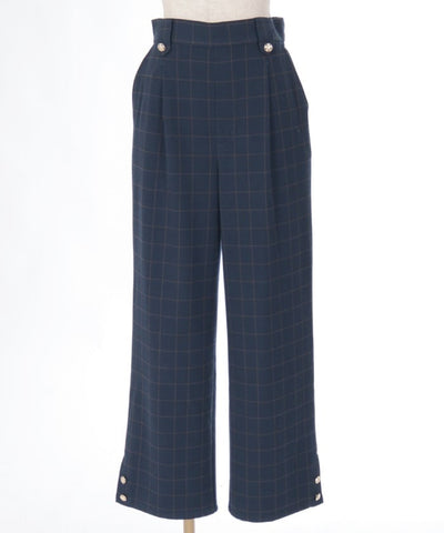 Hem Button Brushed Plaid Wide Pants