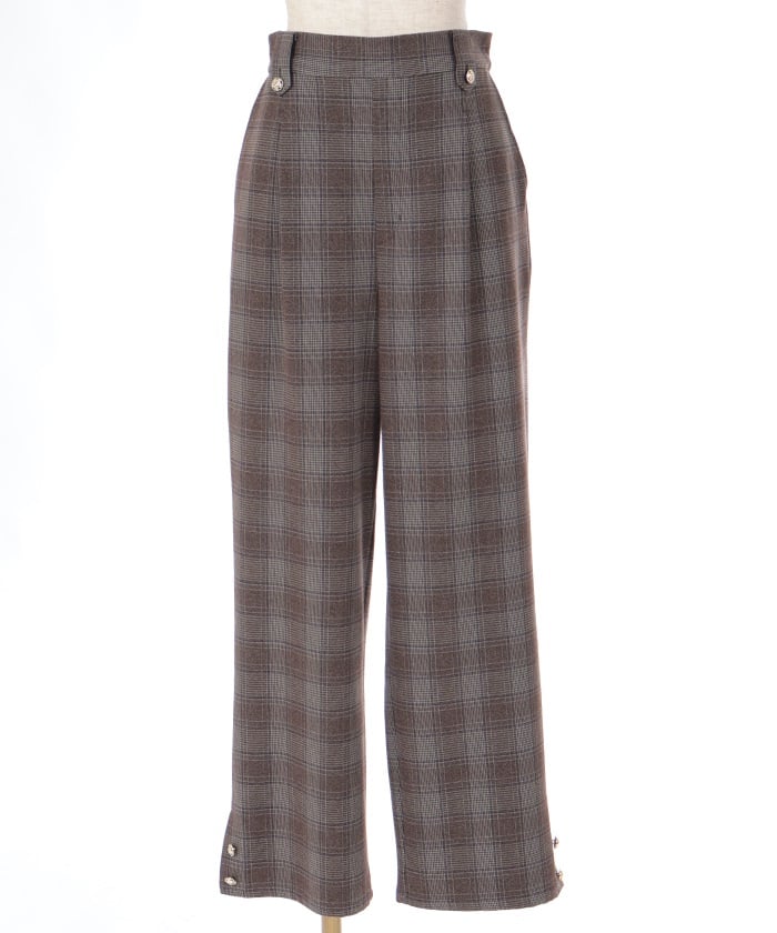 Hem Button Brushed Plaid Wide Pants