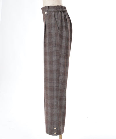 Hem Button Brushed Plaid Wide Pants