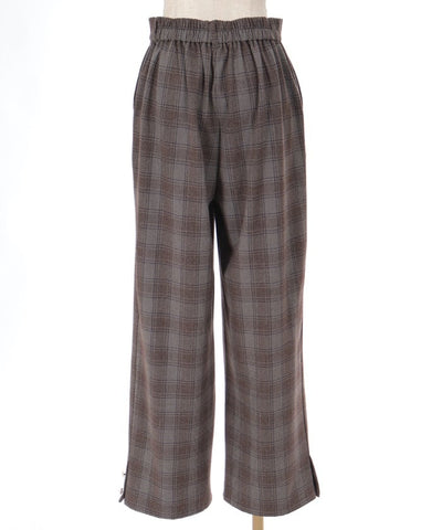 Hem Button Brushed Plaid Wide Pants