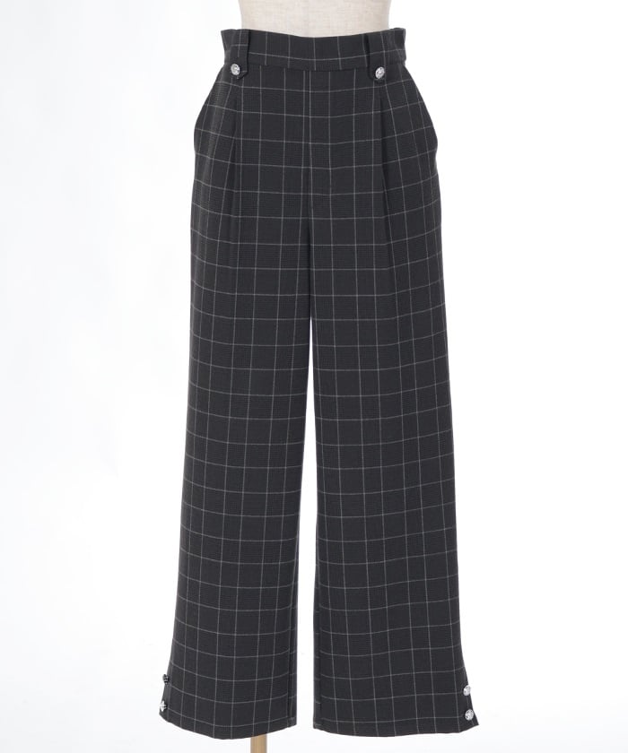 Hem Button Brushed Plaid Wide Pants