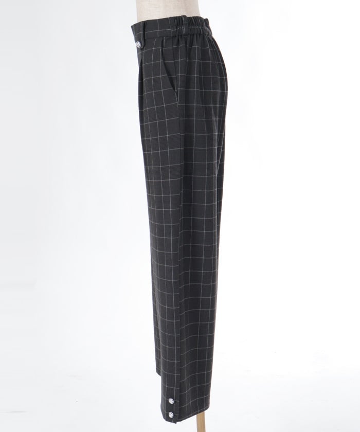 Hem Button Brushed Plaid Wide Pants