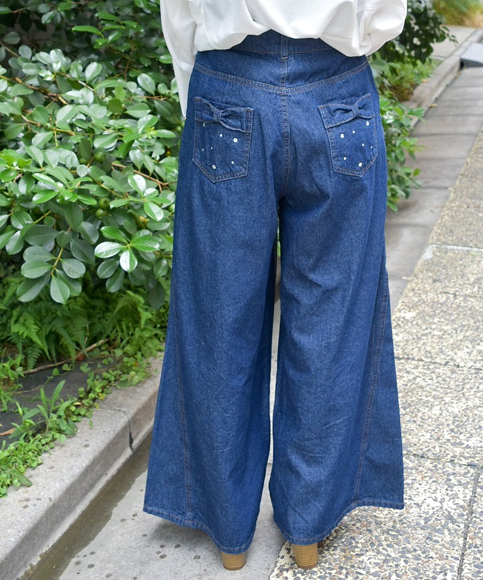 Back Ribbon Wide Denim Pants