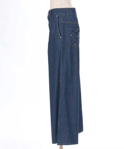 Back Ribbon Wide Denim Pants