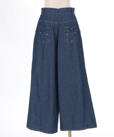 Back Ribbon Wide Denim Pants