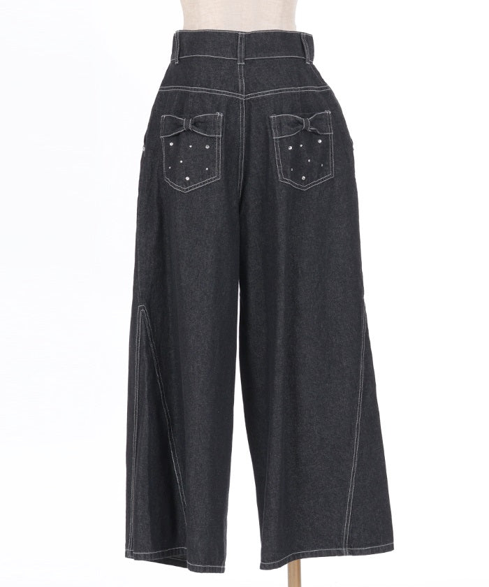 Back Ribbon Wide Denim Pants