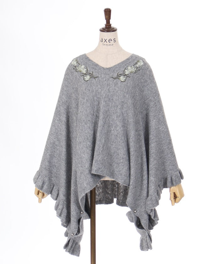 Flower Embroidery Irregular Hem Knit Poncho