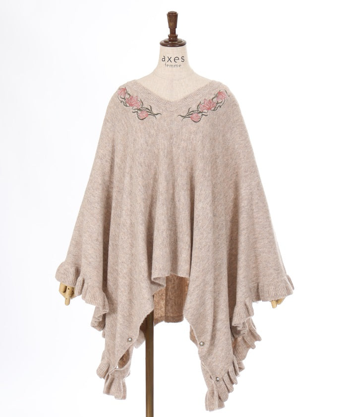 Flower Embroidery Irregular Hem Knit Poncho