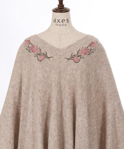 Flower Embroidery Irregular Hem Knit Poncho